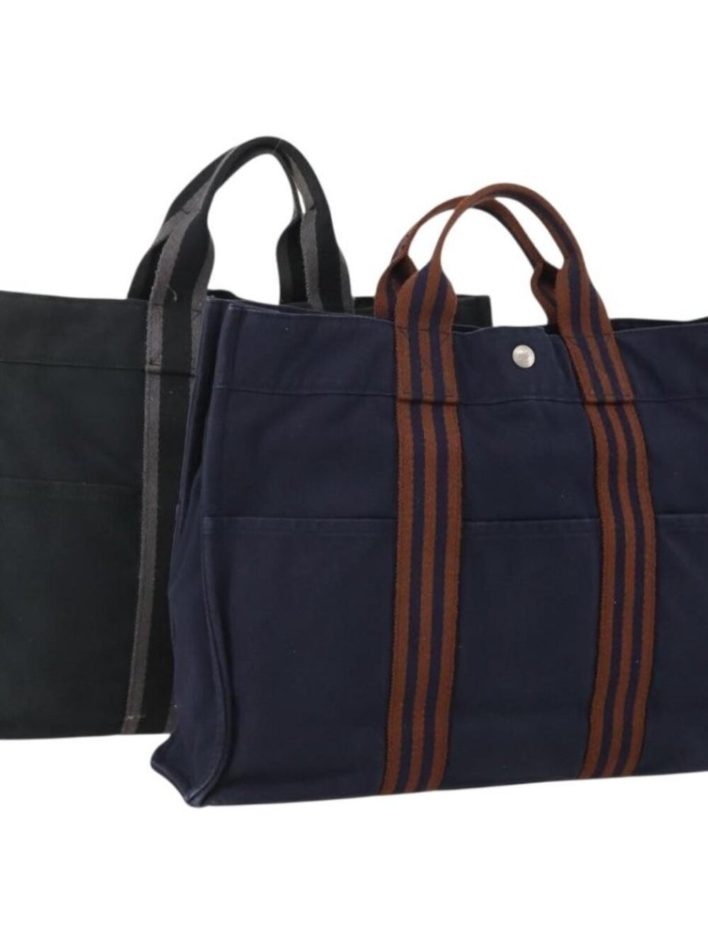 HERMES Fourre Tout Hand Bag Cotton 2 Set Black Navy Auth BA12675